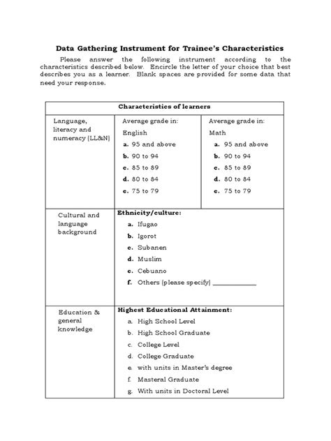 Data Gathering Instrument For Trainees Characteristics Pdf