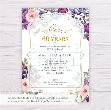 60th Birthday Invitation Template Cheers To 60 Years Dgtally