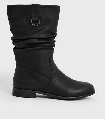 Black Leather Look Mid Calf Slouch Boots New Look