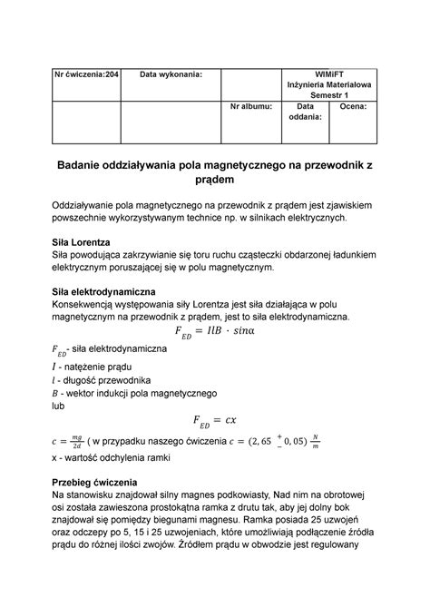 Sprawozdanie Fizyka Nr Wiczenia Data Wykonania Wimift