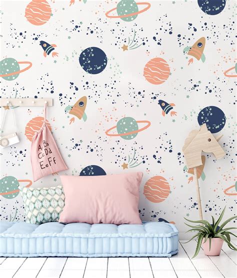 White Vector Space Wallpaper Planets & Stars Mural Wallpaper - Etsy