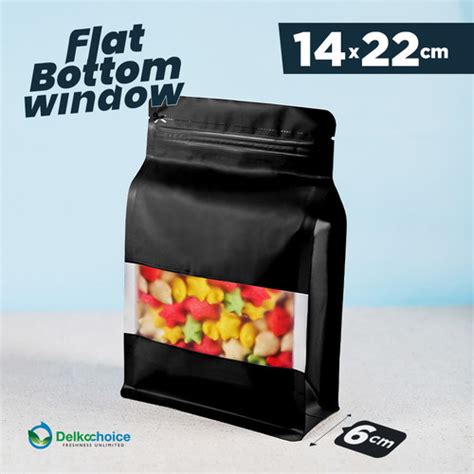 Jual Standing Pouch Flat Bottom Window Black Alumunium Foil X