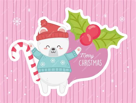 Premium Vector Cute Polar Bear Candy Cane Holly Berry Merry Christmas