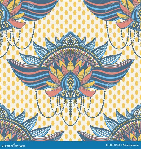 Art Seamless Pattern Lotus Flower Mandala Ethnic Abstract Print Colorful Repeating Background