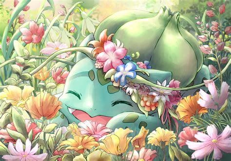 Safebooru D Absurdres Blue Flower Bulbasaur Closed Eyes Commentary