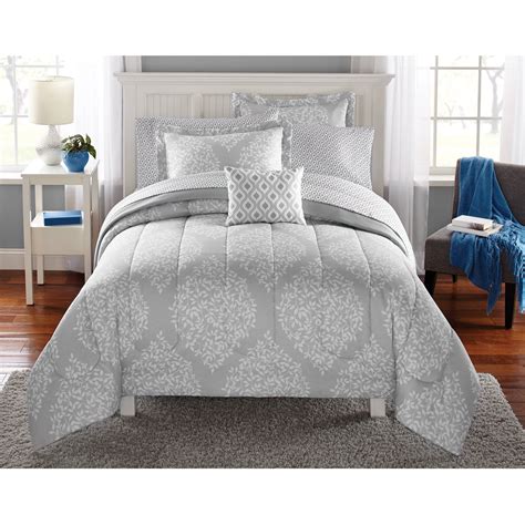 Mainstays 6 8 Piece Gray Leaf Medallion Bed In A Bag Set With Sheets