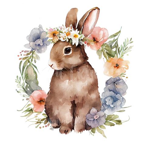 Bunnies With Flower Wreaths Clipart High Quality Jpgs Etsy