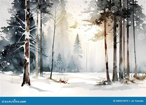 Winter Landscape With Pine Trees In The Forest Digital Watercolor