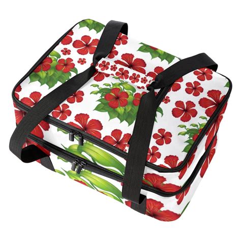 Ownta Red Hibiscus Flowers Green Leaves Pattern Double Layered