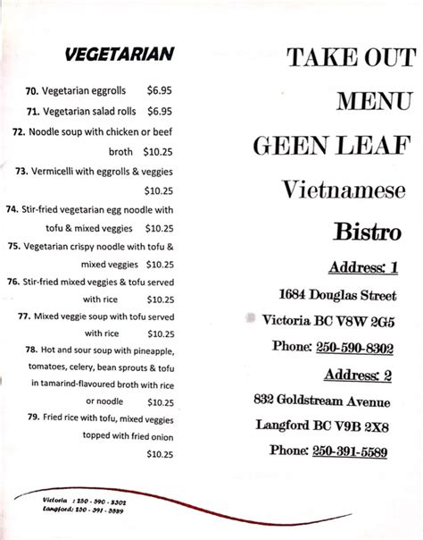 Menu at Green Leaf Bistro restaurant, Langford