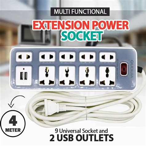 Power Extension With 9 Universal Socket And 2 Usb Outlets Charger 5v 1a