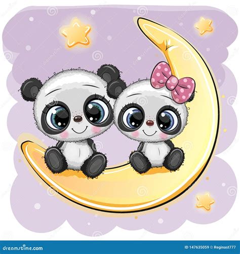 Two Cartoon Pandas Are Sitting On The Moon Stock Vector Illustration