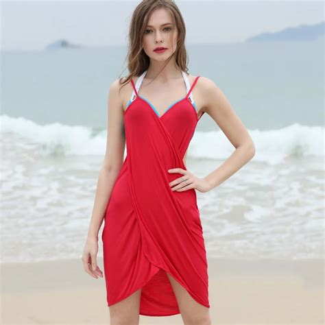 Simple Girl Red V Neck Sexy Backless Women Summer Beach Dress Women