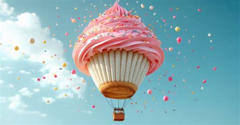 A Hot Air Balloon Carrying A Giant Cupcake With Pink Frosting And Sprinkles Floating In The Sky