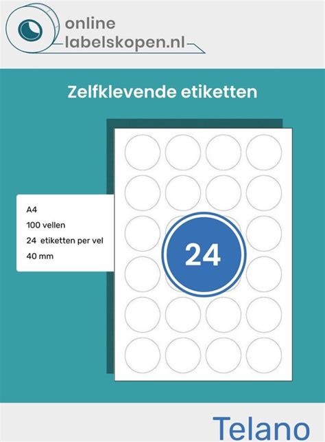 25 Stuks Stickervellen A4 Printetiketten ROND Wit 40 Mm 24 Ronde