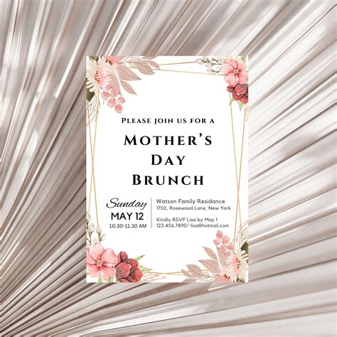 Mothers Day Brunch Invitation Template Pink Floral Mothers Day Invitation Personalized Mother S