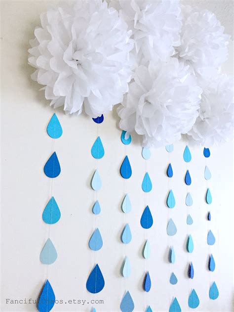 Blue Rain Drops Shower White Tissue Pom Pom Clouds Paper Etsy