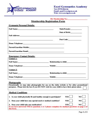 Fillable Online Excelgym Co Membership Registration Form Excel