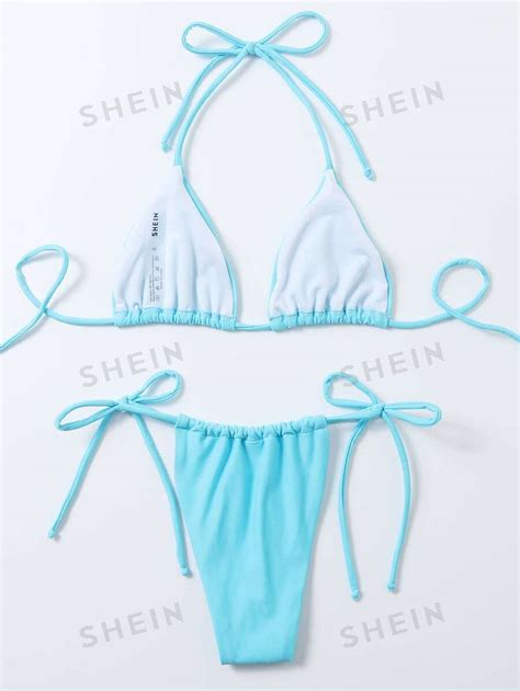 Shein Swim Conjunto De Bikini Unicolor Sujetador Micro Tri Ngulo Halter