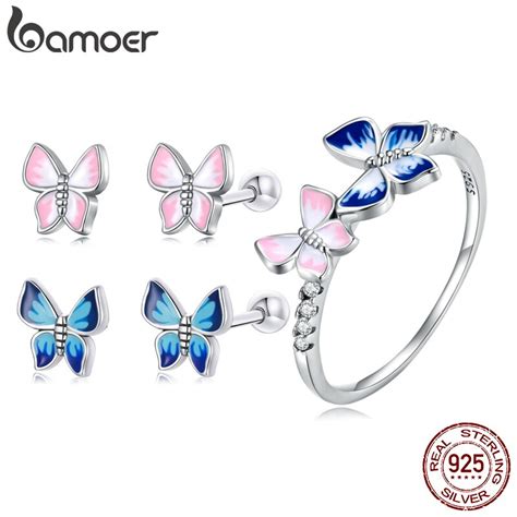 Bamoer Conjunto de joyería de plata de ley 925 con diseño de mariposa