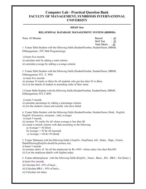 Relational Database Management System Assignment Computer Lab