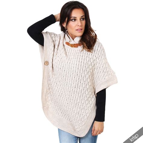 Women Retro Knit Turtle Funnel Buckle Neck Poncho Cape Sweater Jumper