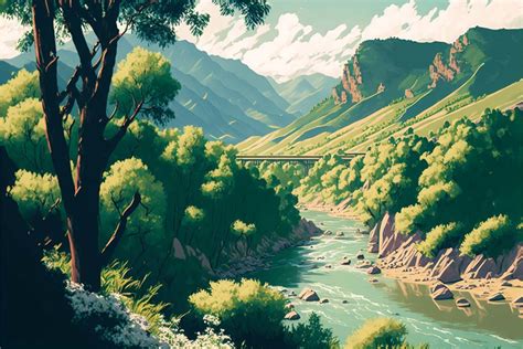 Beautiful Mountain River Landscape Graphic by Alone Art · Creative Fabrica