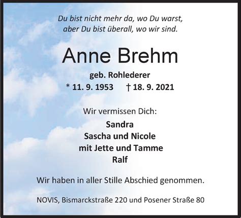 Traueranzeigen Von Anne Brehm Nordwest Trauer De