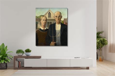 American Gothic 1930 Grant Wood Famous Oil Painting Exhibition