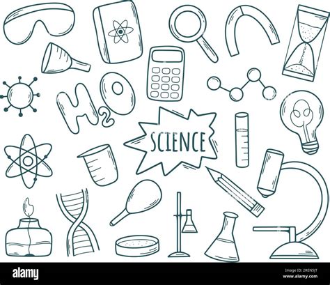 Hand drawn science set. Subjects and attributes of physics, chemistry and biology doodle sketch ...