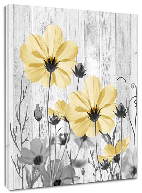 Amazon HVEST Gray And Yellow Floral Wall Art Vintage Wildflower On