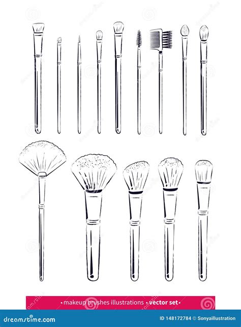 Hand Drawn Vector Set Of Line Art Makeup Brushes Kit Stock Vector