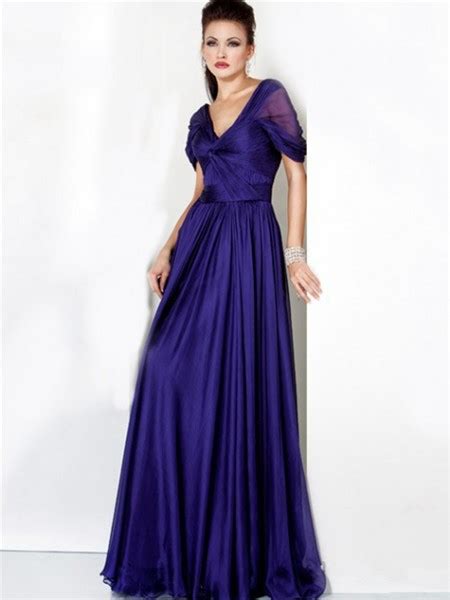 Formal A Line V Neck Long Royal Blue Chiffon Evening Dress With Sleeve