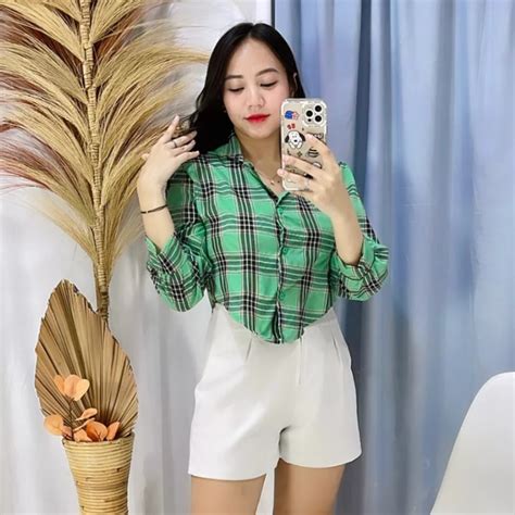 Atasan Kemeja Crop Puff Chia Kotak Lengan Panjang Tosca Ktk Anggita