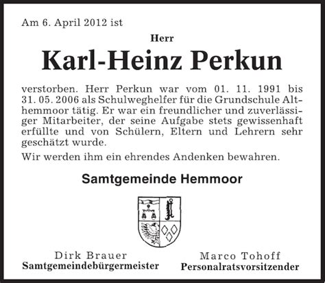 Karl Heinz Perkun Gedenken Cuxhavener Nachrichten