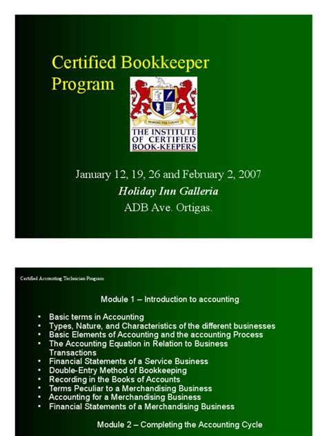 Certified Bookkeeper Program January 12 19 26 And February 2 2007