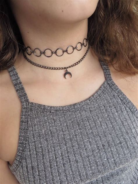 Crescent Moon Choker Necklace Double Wrap Choker Black Tattoo Choker