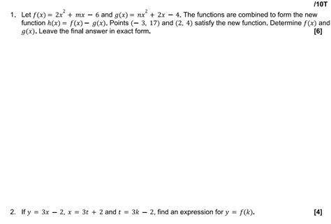 Solved 1 Let F X 2x2 Mx−6 And G X Nx2 2x−4 The Functions