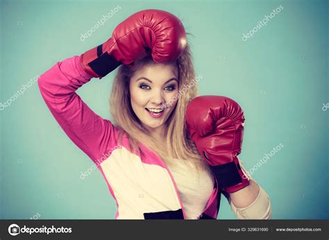 Funny Girl In Red Gloves Playing Sports Boxing Stock Photo By