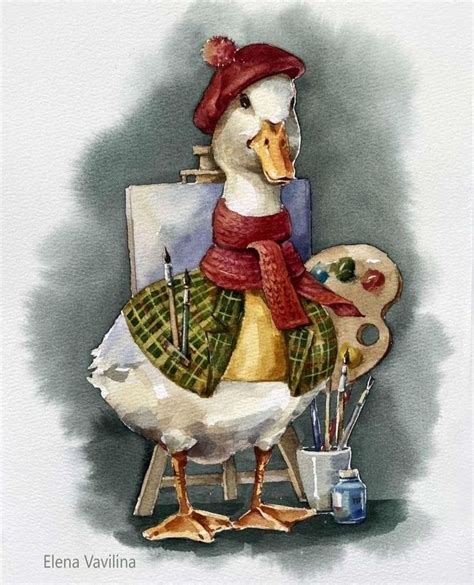 A Watercolor Painting Of A Duck Wearing A Red Hat And Scarf Holding An