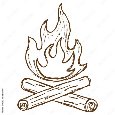 Vector line drawing of a fire with firewood. Rough vintage monochrome ...