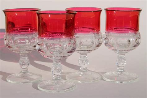 Vintage Ruby Flashed King S Crown Pattern Glass Stemware Set Of 4 Wine Glasses