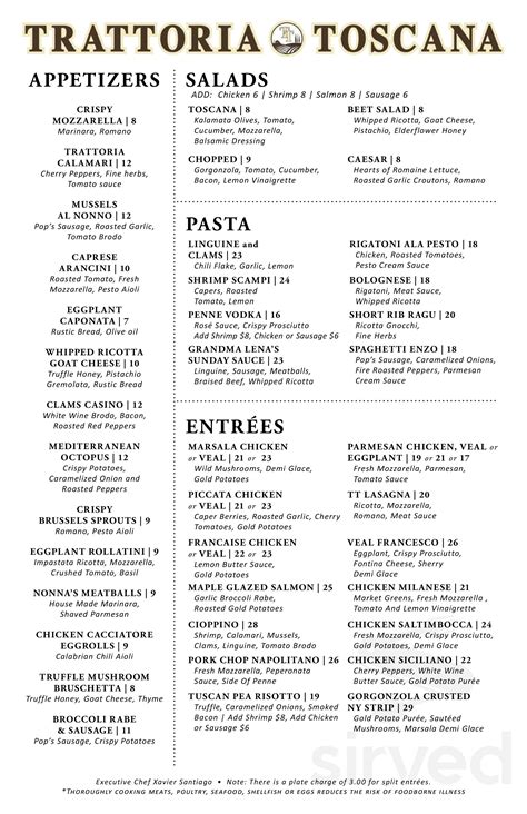 Trattoria Toscana menu in Manchester, Connecticut, USA