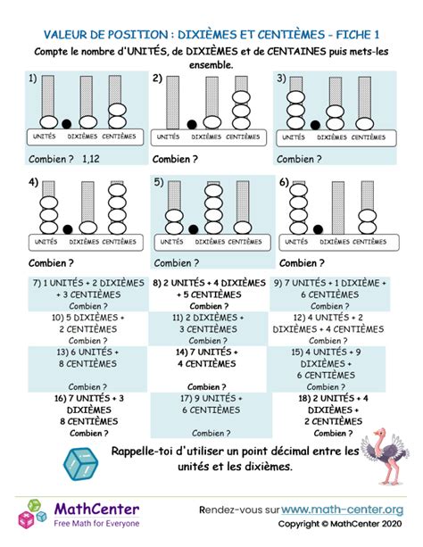 Cm Fiches De Travail Valeur De Position D Cimale Math Center