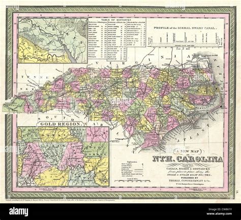 1850 Mitchell Map Of North Carolina Showing Gold Regions Stock Photo