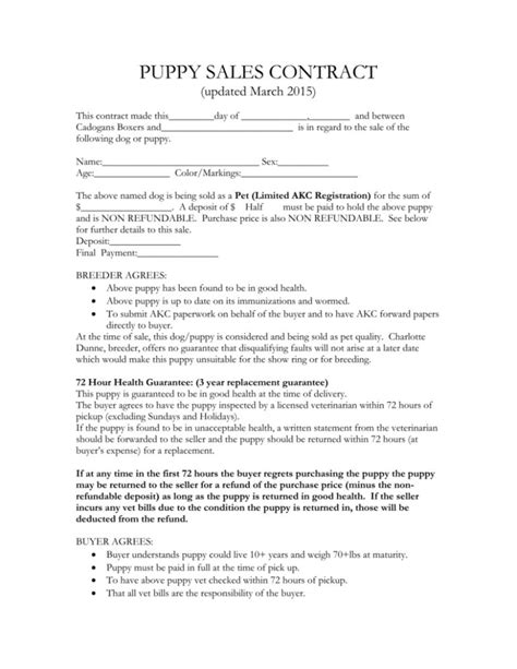 Puppy Sales Contract With Puppy Contract Templates 10 Examples Of