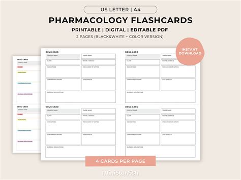 Editable Drug Card Template Nursing Pharmacology Printable Flashcard