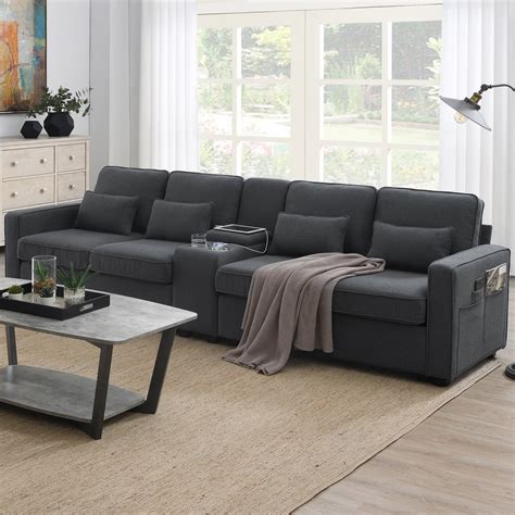 Multifunctional 4-Seat Reclining Sofa with Console, Cupholders, USB ...