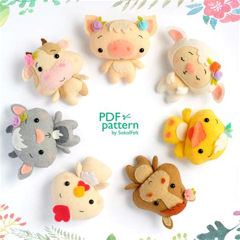 set   felt farm animal toys sewing  patterns chick goat duck