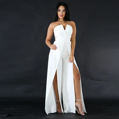 Doreenbow New Fashion Strapless Bodysuit Woman Sexy Solid Color Jumpsuits Split High Waist Party